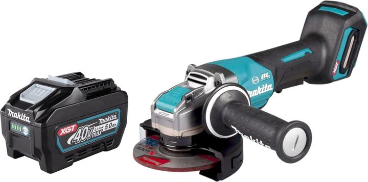 Batteria agli ioni di litio da 5000 mAh, senza caricabatterie, 1x smerigliatrice angolare a batteria Makita GA 047 G, 1x impugnatura laterale (158237-4), 1x cofano di protezione (141L27-4), 1x disco da sbavo (E-00402), 1x copertura del cofano di protezione (199710-5), 1x Makita BL 4050 F 40 V max. 5,0 Ah