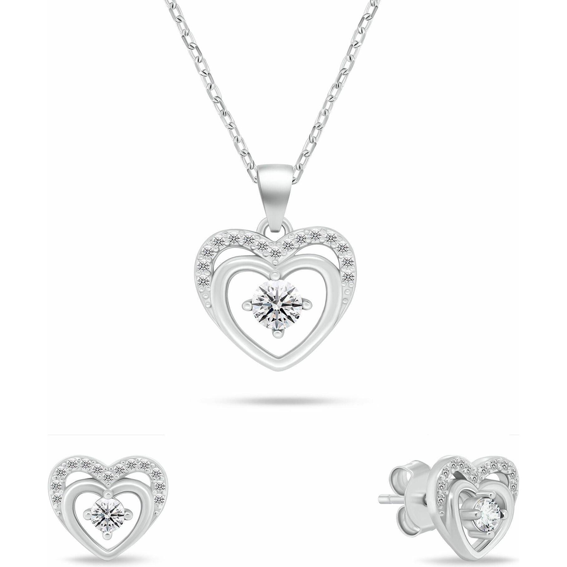 Brilio, Collana, Silver - Matching set of silver jewelry Hearts with clear zircons SET295W (necklace., (Argento)
