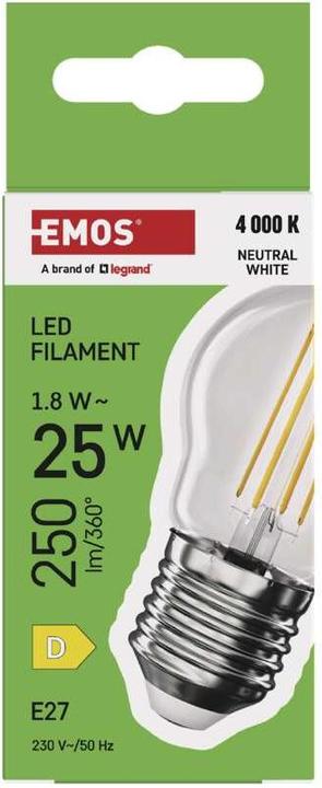 Immagine prodotto Emos Lampada LED Filament Mini Globe / E27 / 1,8 W (25 W) / 250 lm / Bianco neutro (E27, 250 lm, 1 x)