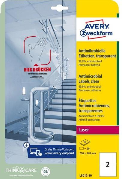 Productafbeelding Avery AVZ L8012-10 Antimicrobiële Etiketten 210x148mm transparant