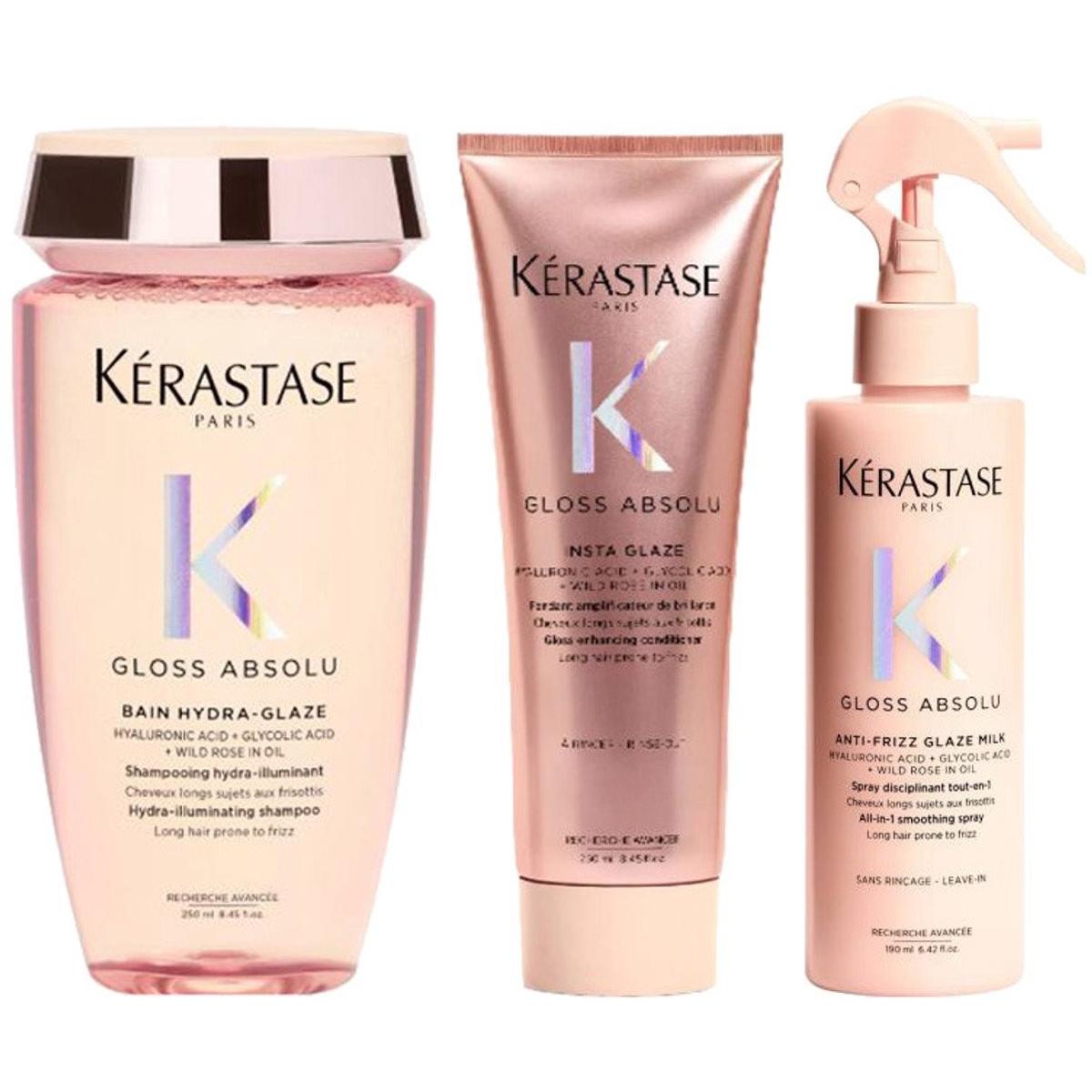 Kérastase, Set regalo bellezza, Kerastase Gloss Absolu Hydra-Glaze Bain 250ml + Insta-Glaze Fondant 250ml + Anti-Frizz (Set per la cura dei capelli)