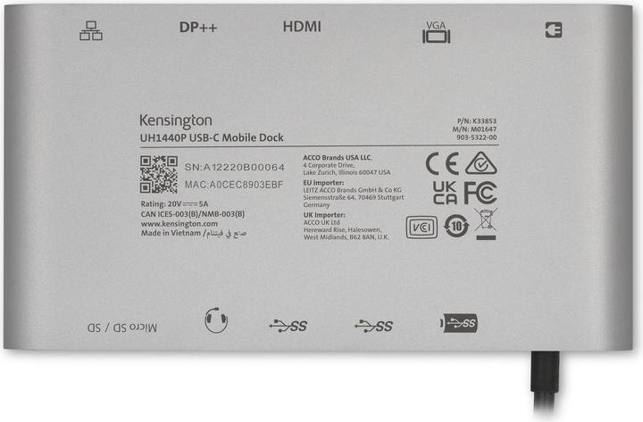 Productafbeelding Kensington UH1440p Mobiel USB-C 8-in-1 Docking Station (USB-C, 3 Havens)