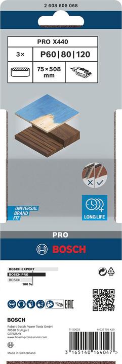 Image du produit Bosch Professional Zubehör PRO X440 bande abrasive, 75 x 508 mm, G60, G80, G100, 3 pcs. (100, 60, 80)