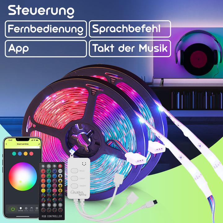 Produktbild Casativo WLAN-RGB-LED Streifen mit App- und Sound-Steuerung (RGB, 1000 cm, Indoor)