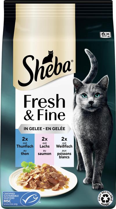 Produktbild Sheba Fresh & Fine Multipack Portionsbeutel Thunfisch, Lachs & Weissfisch in Gelee MSC (Adult, 12 Stk., 300 g)