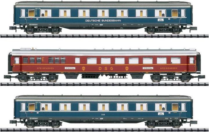 Productafbeelding MiniTrix 18259 N Set van 3 DB F-Zug F41 Senator 1e klas A4üe personenrijtuigen. (N-spoor)