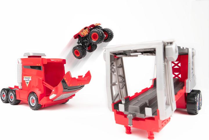 Actual product image Spin Master Monster Jam, Official 2-in-1 Launch N' Go Hauler playset with storage space, includes Monster Truck