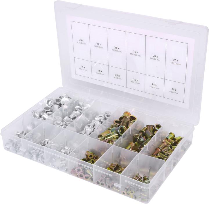 KS Tools Threaded rivets assortment, steel + aluminium, M3x9mm-M10x21mm, 300 pcs
