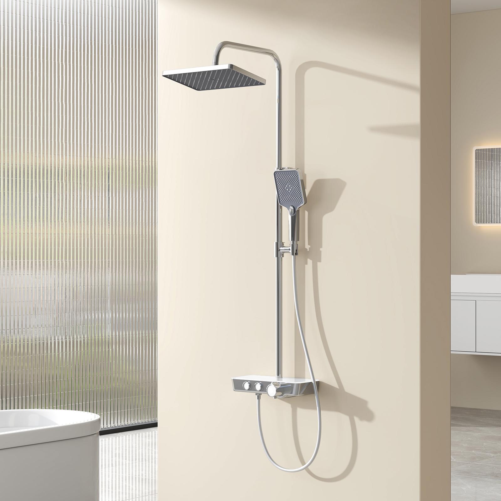Thumbnail - Emke, Duschsystem, Duschsystem mit 38℃ Thermostat Duschsäuleset, Kopfbrause + Handbrause + Glasablage, Chrom