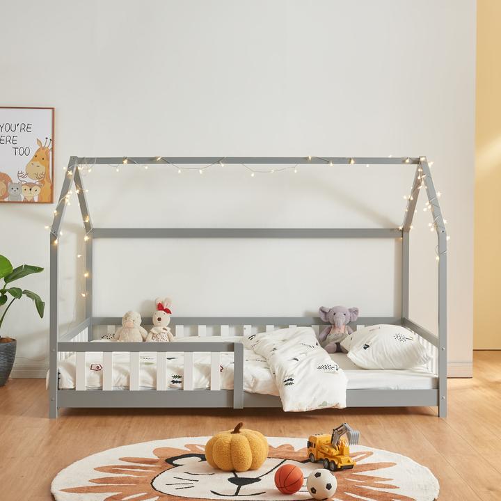 Produktbild En.Casa Hausbett Hesel mit Matratze und Rausfallschutz 140x200cm Grau (200 x 140 cm)