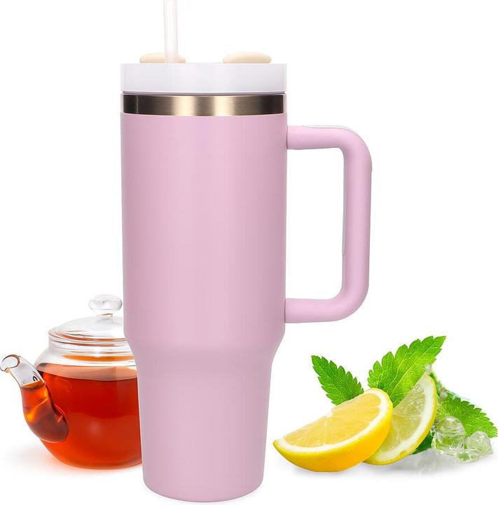 Productafbeelding Extralink Schwarzwald | Thermobecher mit Strohhalm | Thermoskanne mit Griff, 1200ml, puderrosa (1.20 l)