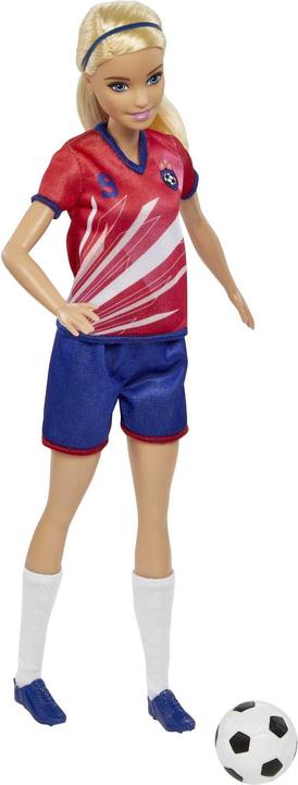 Image du produit Barbie Poupée footballeur, blonde, maillot avec numéro 9, foot, crampons, chaussettes, pour enfants