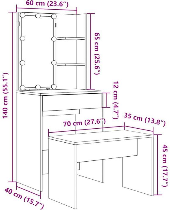 Actual product image VidaXL Schminktisch-Set mit LED-Leuchten Altholz-Optik Holzwerkstoff (60 x 40 x 140 cm)