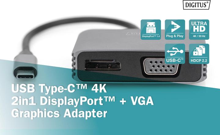 Produktbild Digitus USB Type-C™ 4K 2in1 DisplayPort + VGA Grafik-Adapter (USB Typ-C, 20 cm)