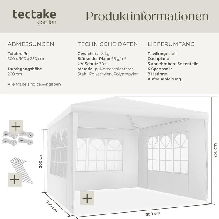 Produktbild tectake Pavillon Barinas mit 3 Seitenteilen, wasserdicht, 3x3m (300 cm, 300 cm)
