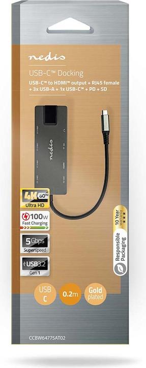 Immagine prodotto Nedis CCBW64775AT02 Adattatore USB USB 3.2 Gen 1 Jack USB-C™ Uscita HDMI™ / Jack RJ45 / SD / 2X U (USB-A, 10 Porti)