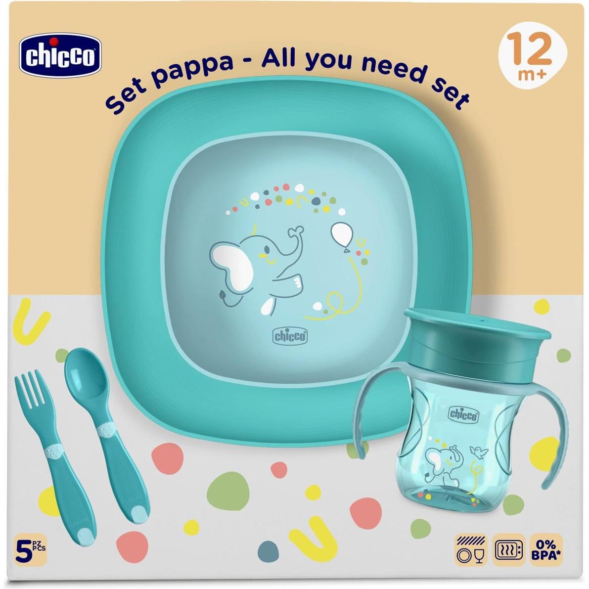 Chicco Blau Kindergeschirr + Kinderbesteck, Mahlzeit Geschenk-Set - Blue - 12M+