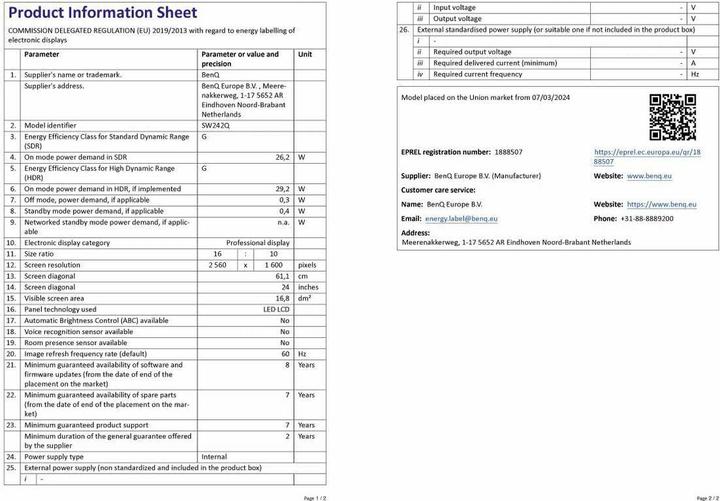 Nutritional values and ingredients BenQ PhotoVue SW242Q (2560 x 1600 pixels, 24.10")