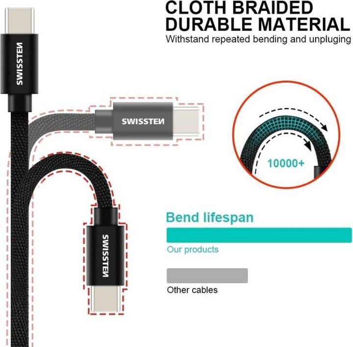 Actual product image Swissten Textile Universal Quick Charge 3.0 USB-C to USB-C Data and Charging Cable 1.2m (1.20 m, USB 3.0)