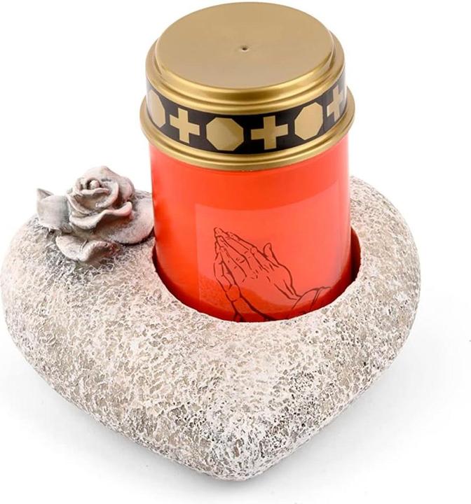 Novaliv Grave Decoration I Heart Rose I Grey I incl. LED Grave Light red I Permanent Cemetery Candle