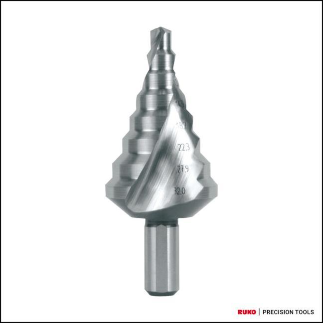 Produktbild Ruko Stufenbohrer Bohrbereich 6 - 32 mm HSS spiralgenutet Schneidenanzahl 2 Stufenanzahl 8 (6 - 32 mm)