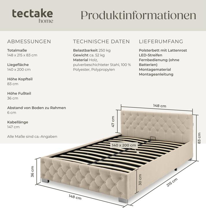 Produktbild tectake Polsterbett (140 x 200 cm)