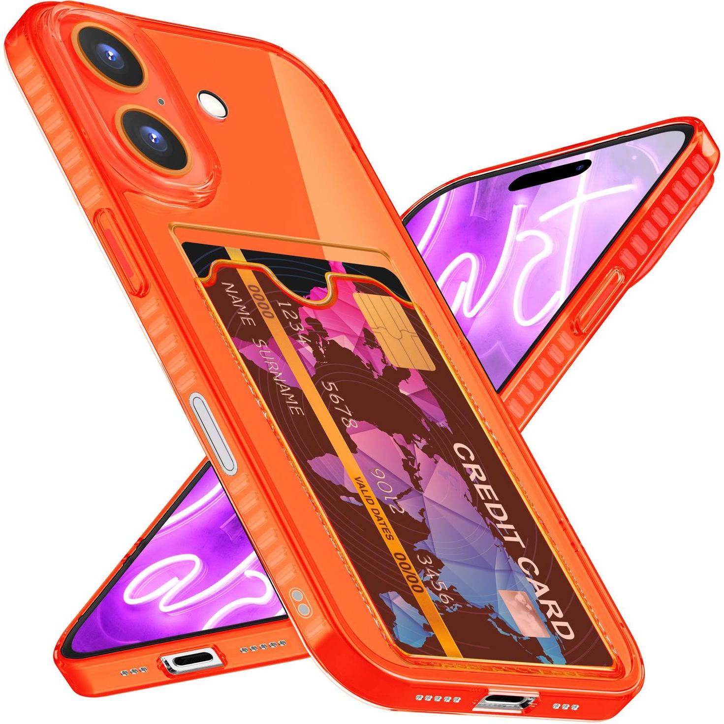 Nalia Klar Transparente Neon Silikon Hülle Kartenhalter (Apple iPhone 16), Smartphone Hülle, Orange