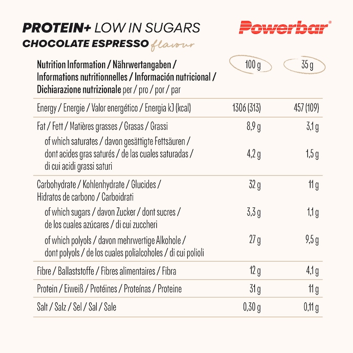 Valori nutrizionali e ingredienti Powerbar Scatola di proteine Plus a basso contenuto di zuccheri (Cioccolato, Vaniglia, Lampone, Yogurt, Brownie, Espresso, 16 pz., 560 g)