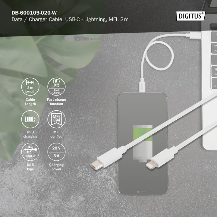 Image du produit Digitus USB type C - Lightning (2 m, USB 2.0, 18 W)