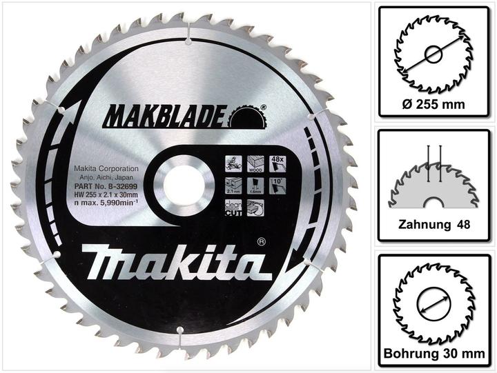 Produktbild Makita MAKBLADE Kreissägeblatt für Holz 255 x 30 x 2,1 mm 48 Zähne ( B-32699 )
