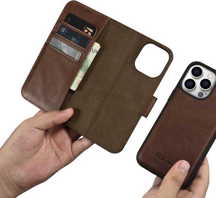 Produktbild iCarer oil Wax Wallet Case 2 in1 Cover iPhone 14 Pro Anti-RFID Leder Flip Case Braun (WMI14220722-BN (Apple iPhone 14 Pro)