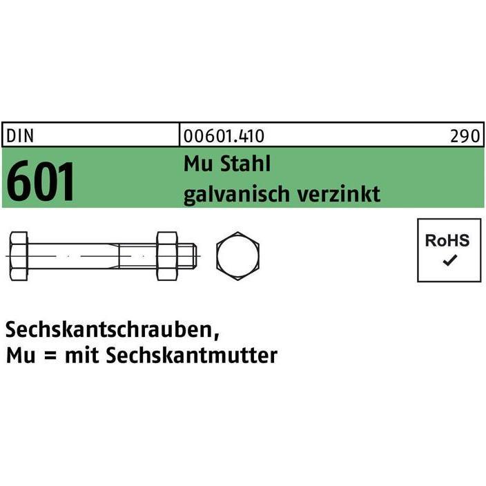 Schrauben, Sechskantschraube DIN 601 m.Sechskantmutter M 27 x 130 Mu Stahl 4.6 galvanisch verzinkt (10 Schrauben pro Stü...