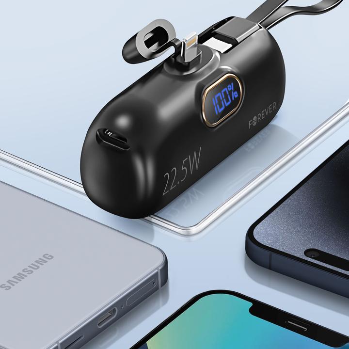 Actual product image Forever mini power bank MTB-100 22.5W 5000 mAh Lightning black (5000 mAh, 22.50 W, 18.50 Wh)