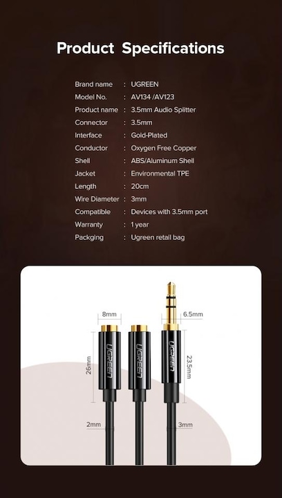 Produktbild Ugreen 3.5mm Stereo Audio Splitter (0.20 m, 3.5mm Klinke (AUX))