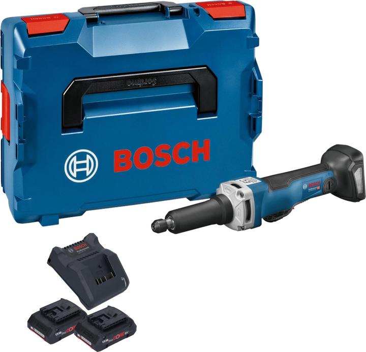 1x Bosch GGS 18V-23 PLC Professional Akku Geradschleifer, 2x Bosch ProCORE 18 V 4,0 Ah Professional Li-Ion Akkupack, 1x Bosch GAL 18V-20 Akku Ladegerät 10,8 - 18 V 2 A, 1x Einmaulschlüssel 19 mm, 1x Einmaulschlüssel 13 mm, 1x Spannzange mit Spannmutter 6 mm