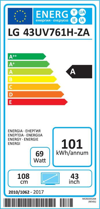 Energie-Label LG 43UV761H HOTEL TV 43IN (43", LED, 4K)