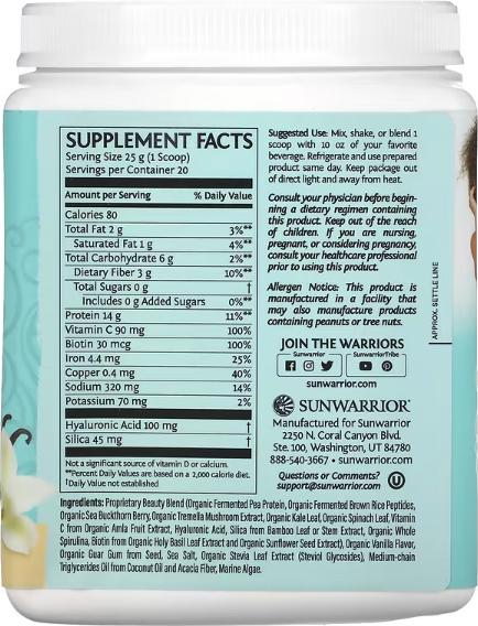Nährwerte und Zutaten Sunwarrior Collagen Building Protein Peptides Tahitian Vanilla (1 Stück, Pulver, 500 g)