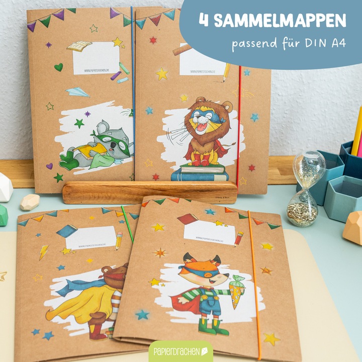 Immagine prodotto Papierdrachen 4 cartelline con elastico A4 animali supereroi - Set 14 (A4, 1 x)