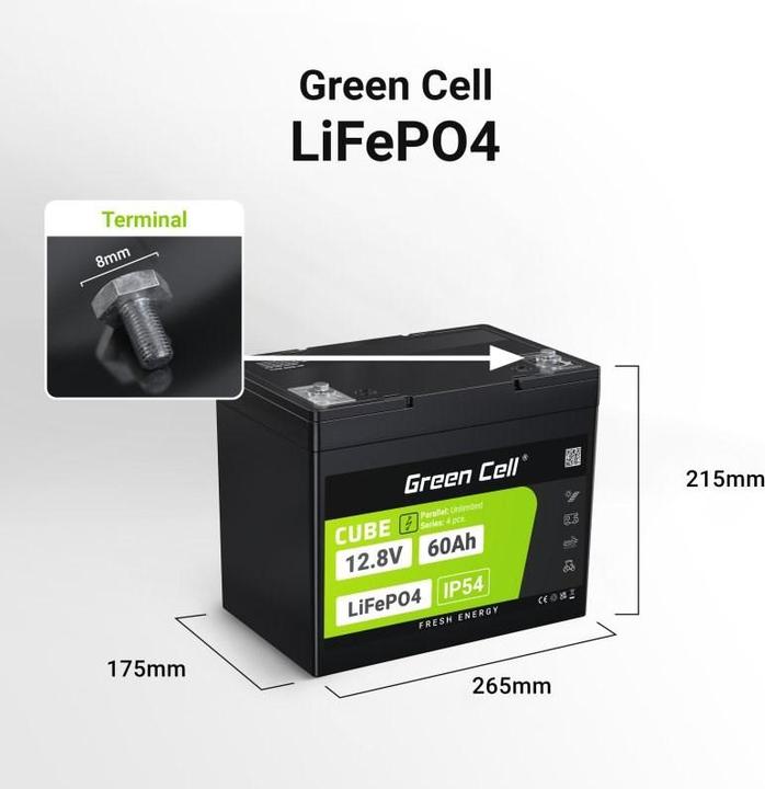Actual product image GreenCell Green Cell CUBE LiFePO4 Spezial-Akku LiFePo-Block Schraubkontakt Li-Ion 12.8 V 6 (12.80 V, 60 Ah)