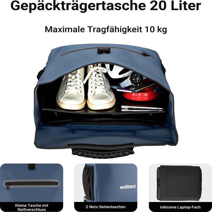 Produktbild Wiltec Gepäckträgertasche blau 20l Fahrradtasche Rucksack Gepäcktasche (20 l, Gepäckträgertasche)