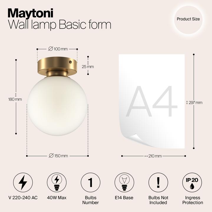 Produktbild Maytoni Basic form Wandleuchte, Wandlampe E14 Gold-Farbe 15cm (E14)