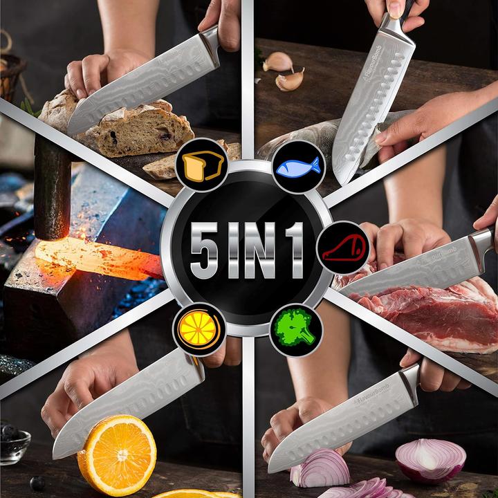 Produktbild FlavourBomb Santoku Messer aus echtem Damaszener Stahl (18 cm)