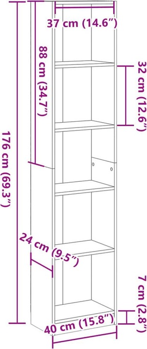 Immagine prodotto VidaXL Bücherregal Regal Standregal Büroregal Aufbewahrungsregal Grau Sonoma (40 x 24 x 176 cm)