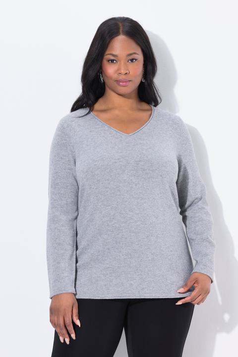 Produktbild Ulla Popken Merino-Pullover, Rollkanten, V-Ausschnitt, Langarm (42, 44)