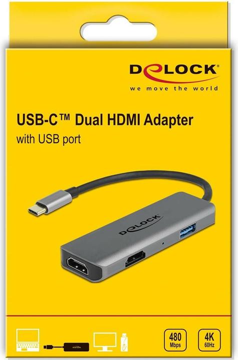 Produktbild Delock Adapter USB Type-C - HDMI/USB 2.0 4K 60 Hz (HDMI, USB 2.0, USB Typ-C, 9 cm)