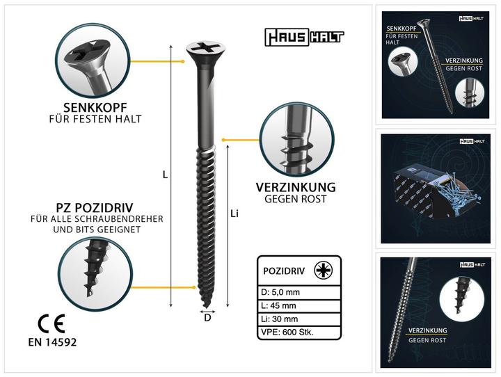 Actual product image Haushalt Universal wood construction screw wood screw 5,0 x 45 mm PZ2 600 pcs ( 2x 000051371196 ) silver (600 Screws per piece)