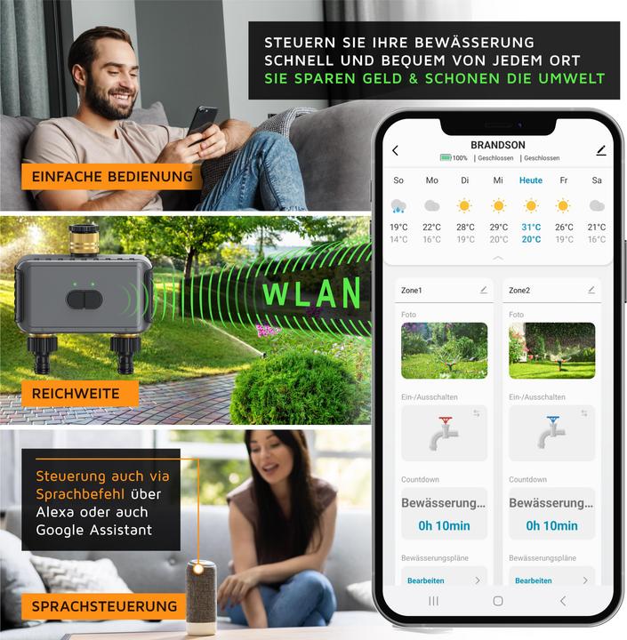 Actual product image Brandson Smarter Bewässerungstimer WLAN/App, 2-Zonen, Tuya, Alexa/Google, Regenverzögerung, Adapter-Set, IPX5