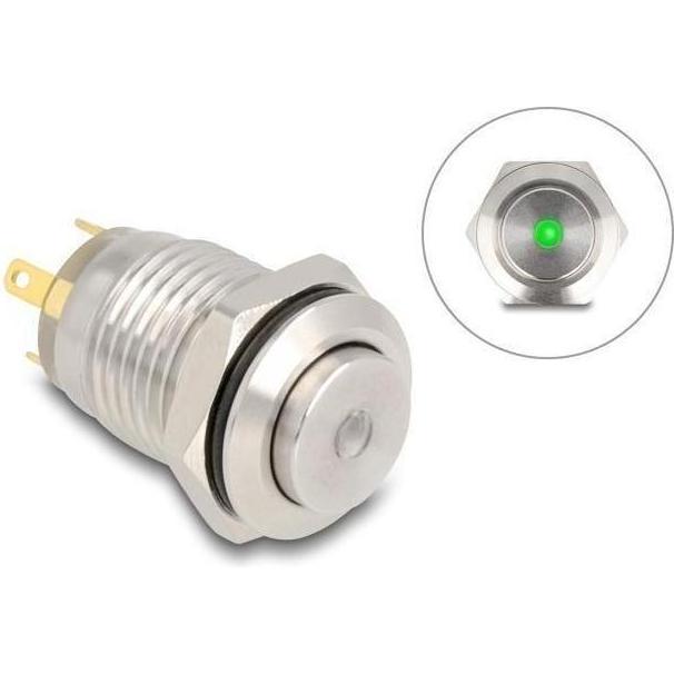 Delock Drucktaster zum Einbau 12 mm 4 x Lötanschluss LED grü, Taster + Schalter, Silber