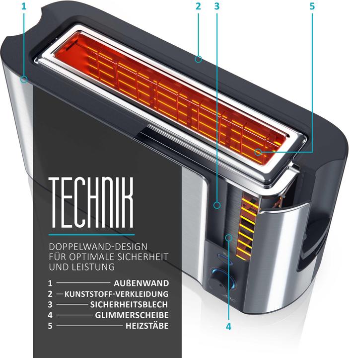Produktbild Arendo Toaster Langschlitz für 2 Scheiben, 1000 W, Brötchenaufsatz, Wärmeisoliert, Display, silber