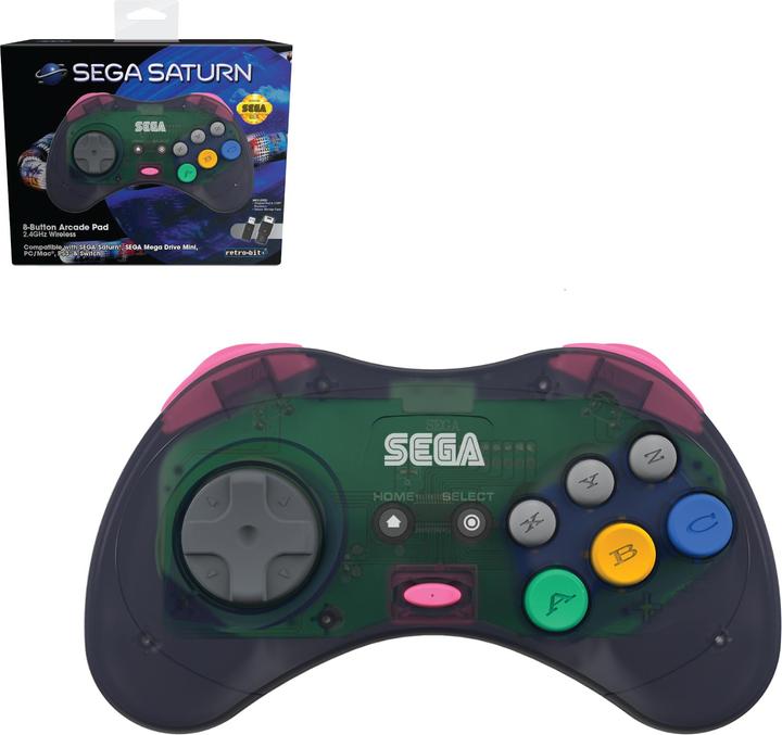 Produktbild retro-bit Sega Saturn 8-button Arcade Pad -langaton peliohjain, Mega Drive, harmaa (PC, PS3, Sega Mega Drive, Switch)